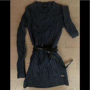 Navy Blue Sweater Dress with faux leather wrap